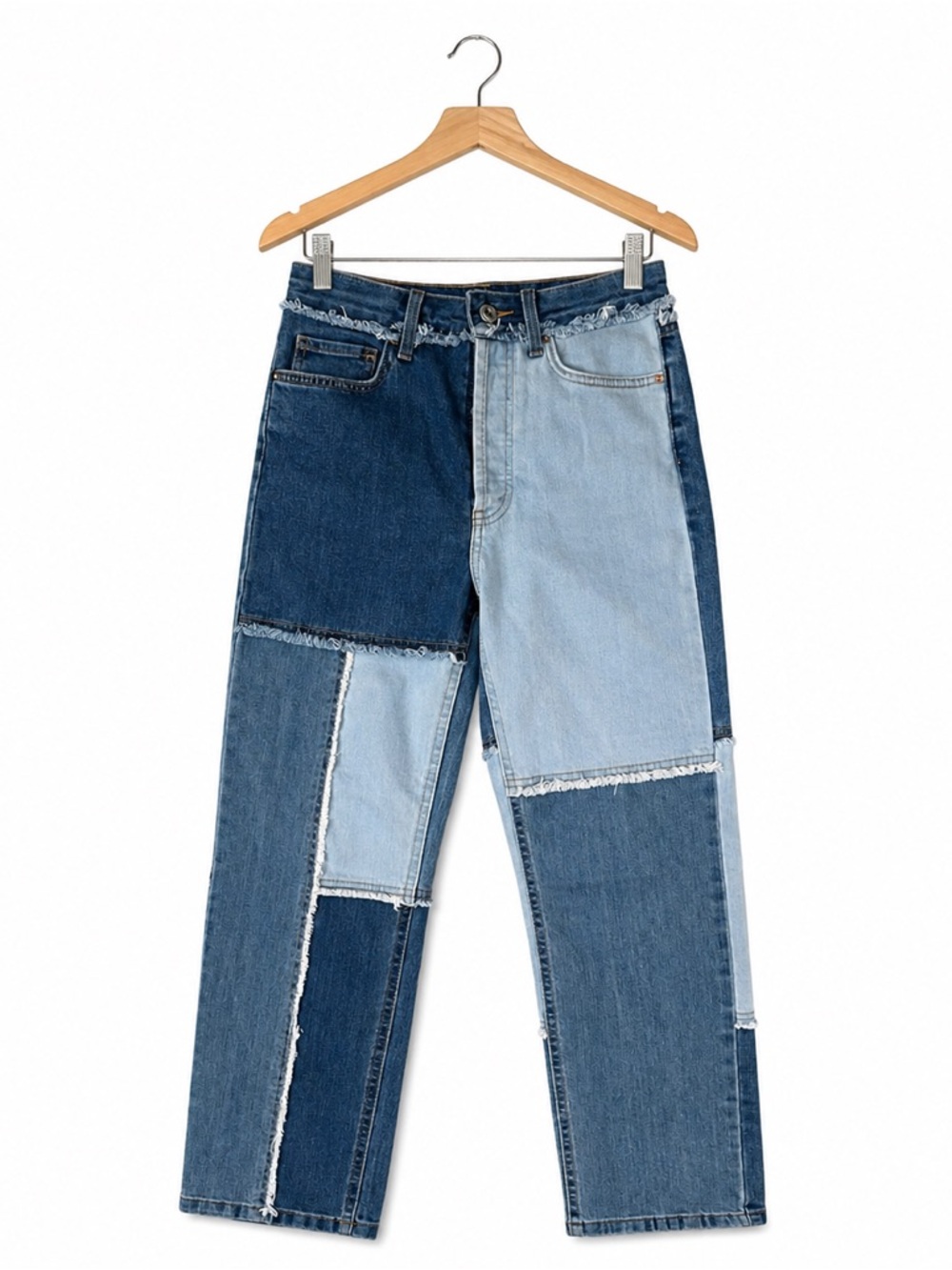 Vintage-Inspired Patchwork Denim Jeans High Rise Straight Leg Colorblock Trend - Picture 7 of 7